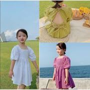 夏新作　韓国風子供服 　韓国ファッション　ベアバックドレス　半袖ワンピース　女の子　キッズ服　子供服