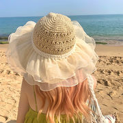 麦わら帽子　帽子　バケットハット　夏新作　UVカット　つば広　日焼け防止　紫外線対策　レース飾り