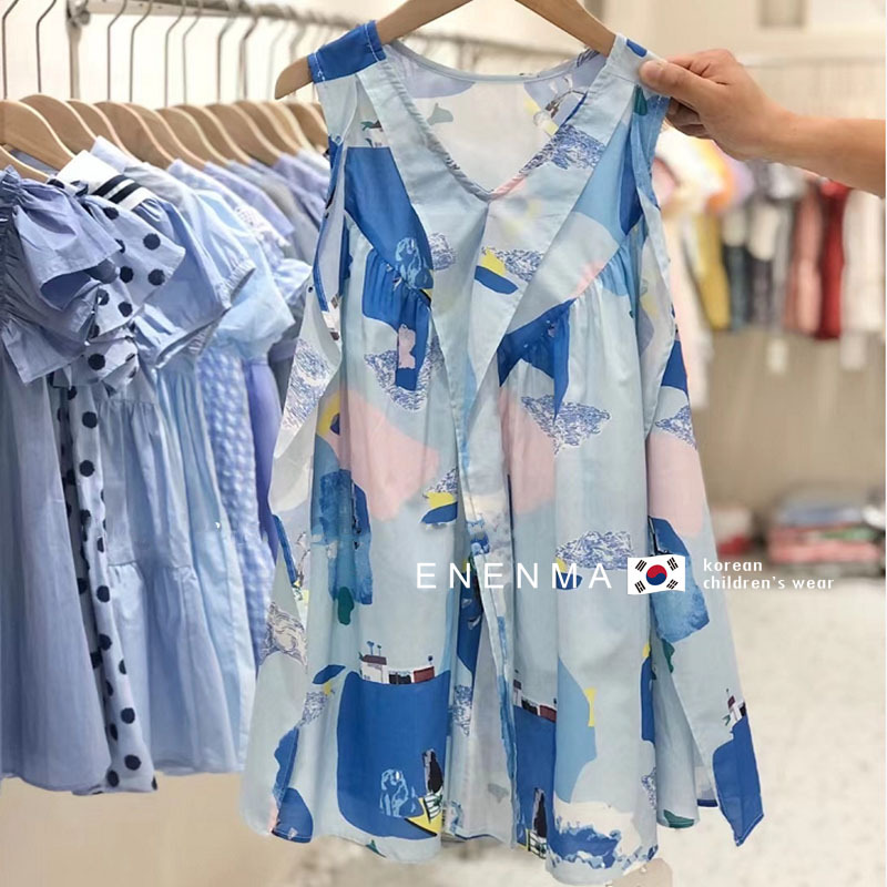 韓国の子供服、2022年夏の新しいガールズドレス、プリントされたノースリーブのドレス、子供用タンクトップ