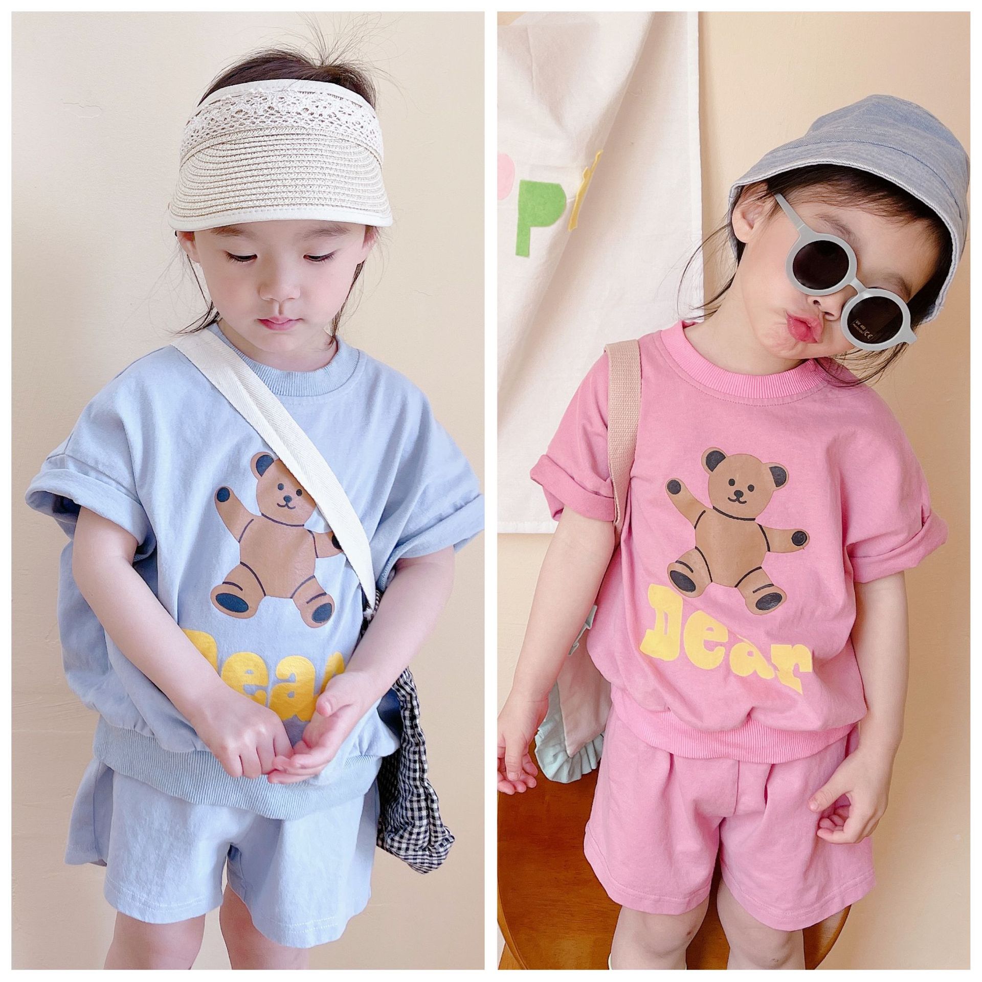 韓国の子供服半袖、2022年夏の新しいTシャツ、クマ柄半袖、女の子のスーツ半袖Tシャツ+ショートパンツ