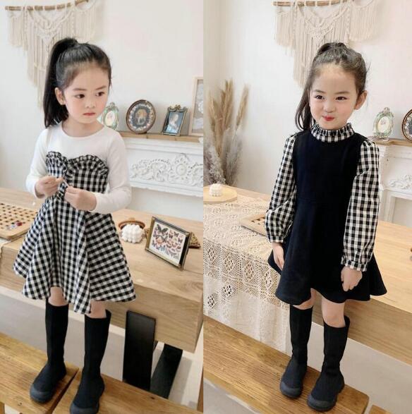 秋新作　女の子　重ね着　ワンピース　フェイクレイヤード　チェック柄　韓国子供服　おしゃれ　子供服