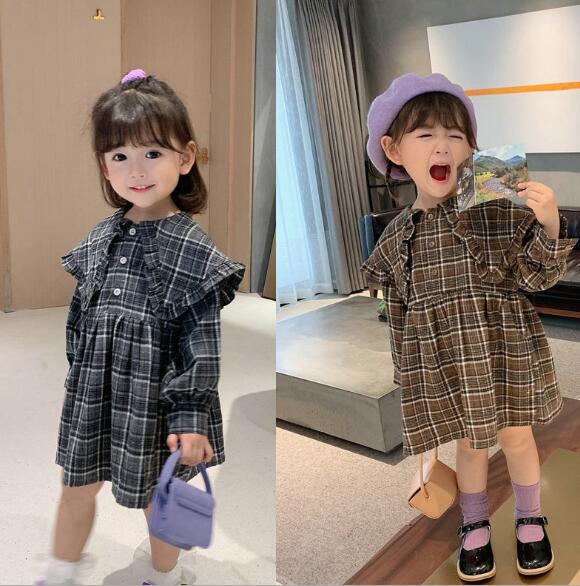 秋　女の子　ワンピース　チェック柄　子供服　ケープカラー　おしゃれ　韓国子供服　ゆったり