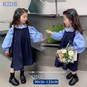 2022新作  韓国子供服 子供 キッズ  ワンピース フリル襟 かわいい 水色 パフスリーブ バイカラー2点セット