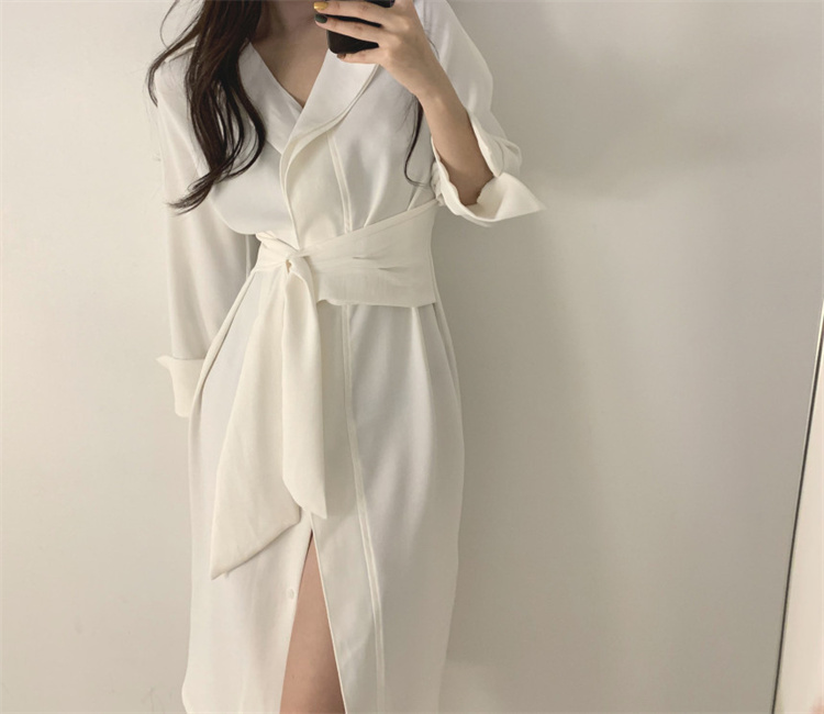 柔らかな雰囲気 韓国ファッション ロングスカート ミニマリズム 単体ボタン レース 長袖 ワンピース