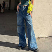 安いのに高く見える 韓国ファッション ポケット ジッパー ジーンズ ロングパンツ スリム ワイドパンツ