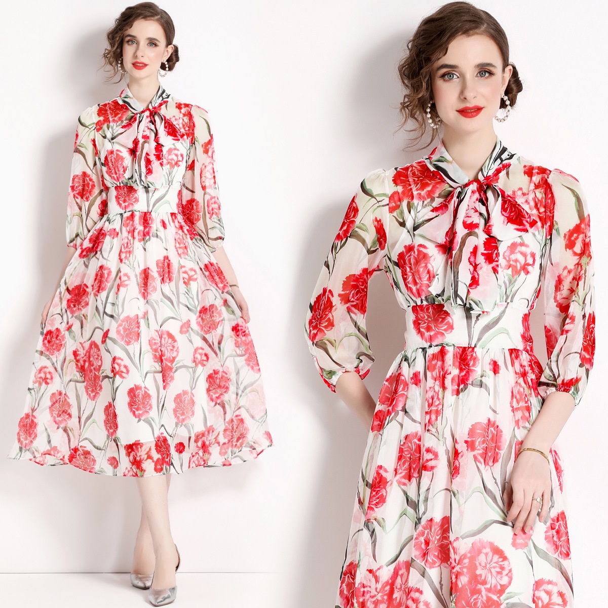 S～3L★通勤 オフィス着 パーティー  結婚式 大人優雅印象 胸元リボン　七分袖 花柄シフォンワンピース