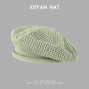 韓国風シンプル無地ニットベレー帽子春夏通気透かしキャンディ色万能型画家帽子