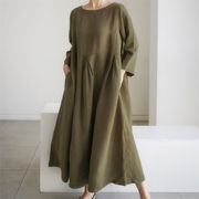 ゆったりワンピース2023太った韓国綿麻ラウンドネックカバーロングスカート大振りスカート大きいサイズ