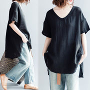 2023サマーウェア新作韓国ラージサイズ婦人服上着ゆったり不規則丸振りスリット半袖シャツ