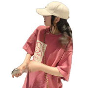 ピンクプリントのクルーネック半袖Tシャツ女性用サマーウェア2023年新作韓国シンプルでゆったり