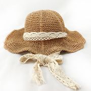 夏日除け麦わら帽子女性レースベルト折り畳み透かし加工帽子で顔隠しリゾートビーチサンキャップ