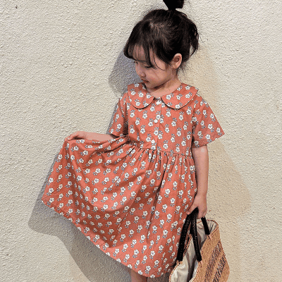 お勧め 春夏新作 韓国風 子供服 3-8歳女の子 半袖ワンピース レトロ ワンピ 花柄 シャツドレス 80-150