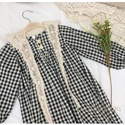 春夏　子供　チェックワンピース+付け襟　女の子　ファッション　カジュアル　長袖