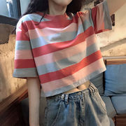 夏　トップス　Tシャツ　半袖　韓国ファッション　レディース 　薄手　ゆったり　ボーダー柄