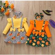 ハロウィン    韓国風子供服   Halloween   長袖  Tシャツ + つりスカート+髪飾り   3点セット  2色
