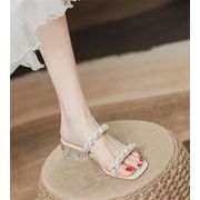 手頃な価格 サンダル オープントゥ 夏 お出かけ ギャザリング 太ヒール 真珠 レディース エレガント