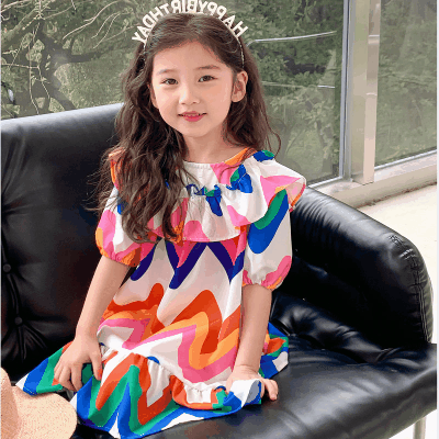 お勧め 春夏 韓国風子供服 ガール ストライプ柄 ハーフスリープドレス ワンピース フリル ワンピ 7-15