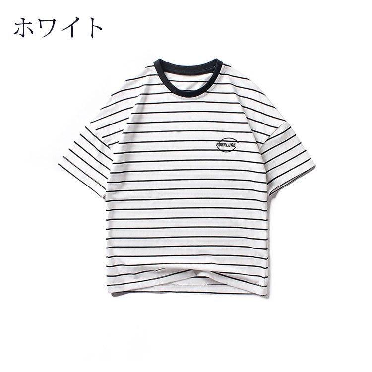 子供服 Tシャツ キッズ 男の子 韓国子供服 綿 半袖 丸い襟 刺繍 ボーダー柄 トップス