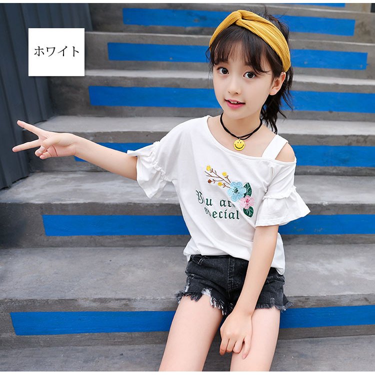 子供服 Tシャツ キッズ 女の子 韓国子供服 綿 半袖 肩出し 丸い