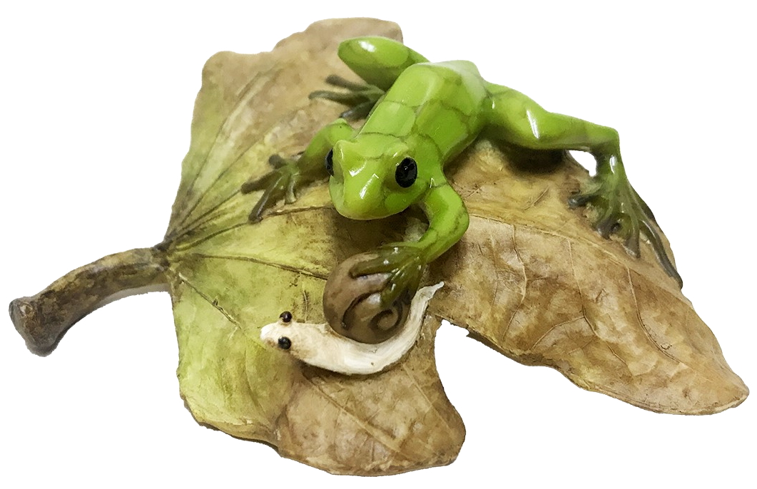 ミニ樹脂 置物 森のかえる 木の葉蛙withカタツムリ
