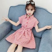 韓国子供服 女の子 ワンピース シャツワンピ ラペル オシャレ ガールズ 夏ワンピ 半袖 チェック柄