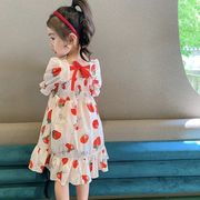 韓国子供服 ロングワンピース 子供ドレス Aライン コットン いちご プリント ロング丈 半袖