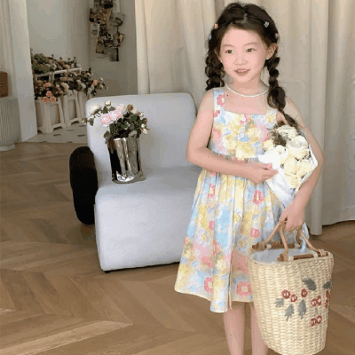 夏 韓国風子供服 ガール 花柄 フリル ノースリープドレス ワンピース バックレス ワンピ 7-15