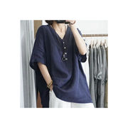 綿麻シャツ 韓国ファッション 夏ブラウス レディースＴシャツ 半袖  着痩せ 3色