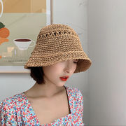手作りの 編み物の帽子 ビーチハット 夏用帽子 日焼け止め バケットハット 女性の麦わら帽子 通気性 ハット
