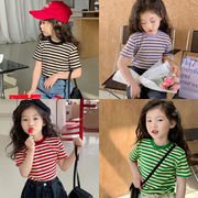 夏トップス ストライプ Tシャツ男の子と女の子夏子供綿半袖ボトムシャツ韓国子供服 カジュアル Tシャツ