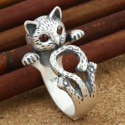 ビンテージ 赤い目 猫の指輪 幸運な猫 レディースリング 猫のアクセサリー