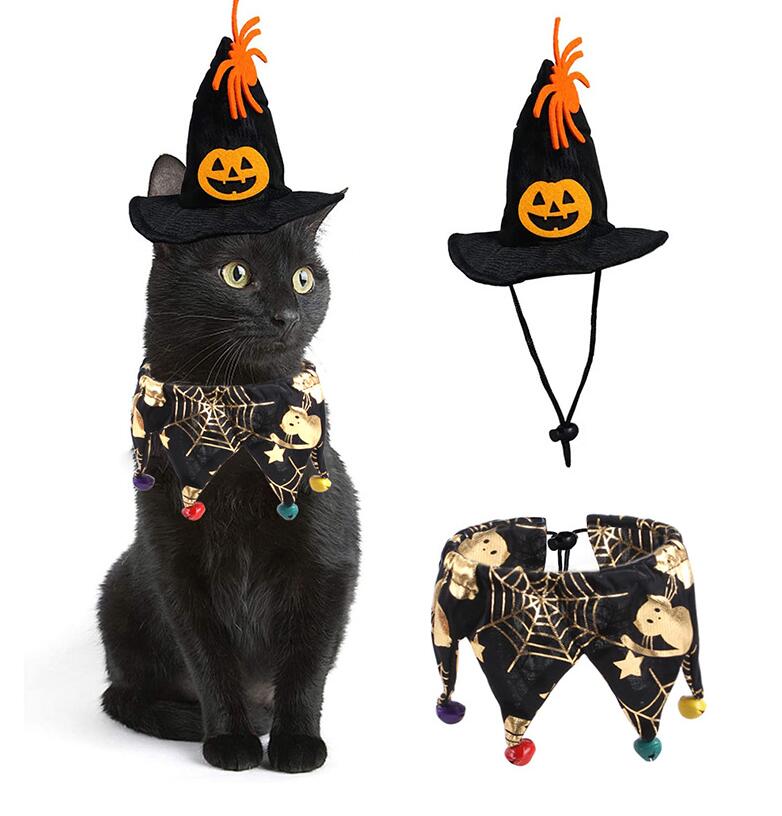 ハロウィン かぼちゃ帽子+スカーフ 2点セット 猫 ネコ 犬 コスチューム 三角帽子 犬の服 ハロウィーン