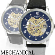 自動巻き腕時計 シンプルスケルトンデザイン シルバーケース 革ベルト 機械式 WSA020-SVBK メンズ腕時計