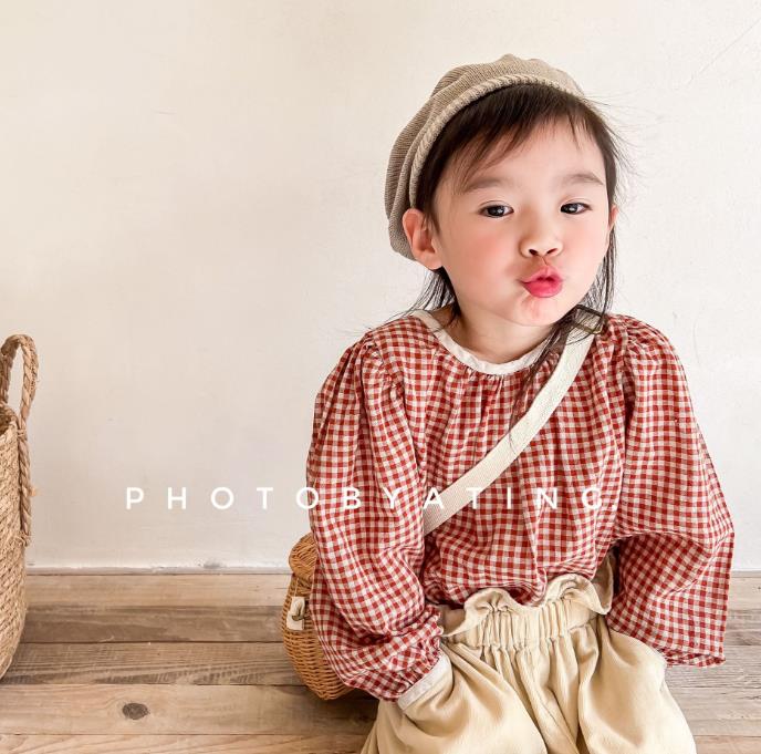 韓国風子供服 ベビー服 キッズ    女の子  長袖   シャツ  ブラウス  チェック柄  2色