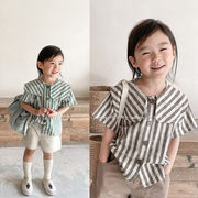 夏の子供服 女の子 夏服 韓国風 リネンコットン半袖 ファッション ストライプシャツ