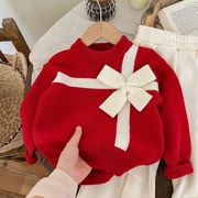 ★Girls★　クリスマスレッド子供セーター　90~140cm　プレゼントリボンニット　韓国キッズファッション