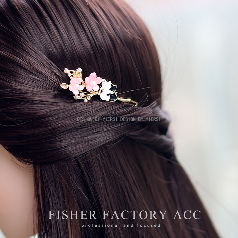 1個 パール 桜 猫 ヘアクリップ レディースヘアピン