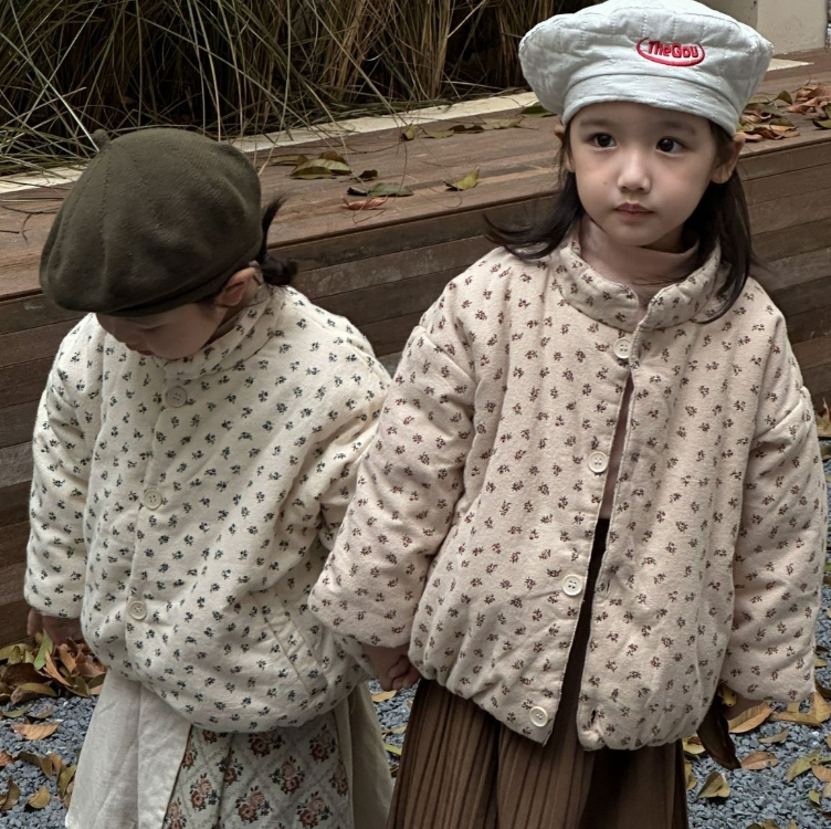 冬新作　韓国風子供服  花柄 コート  トップス   裹起毛     暖かい服  綿入れの着物   男女兼用  2色