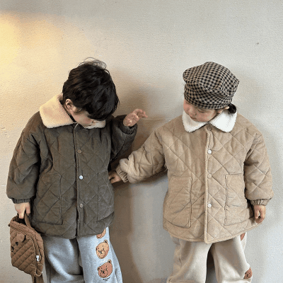 秋冬 ナチュラル系 韓国風子供服 コーデュロイ ジャケット ボア裏起毛 綿入れ上着 キルティング 80-150
