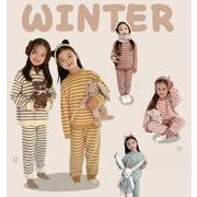 冬新作　韓国風子供服   2点セット   トップス  +ズボン    パジャマ   もふもふ   ボーダー柄   5色