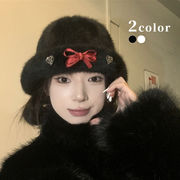 帽子　ファーバケットハット　リボン　レディース　韓国ファッション　デザイン　秋冬　2colors