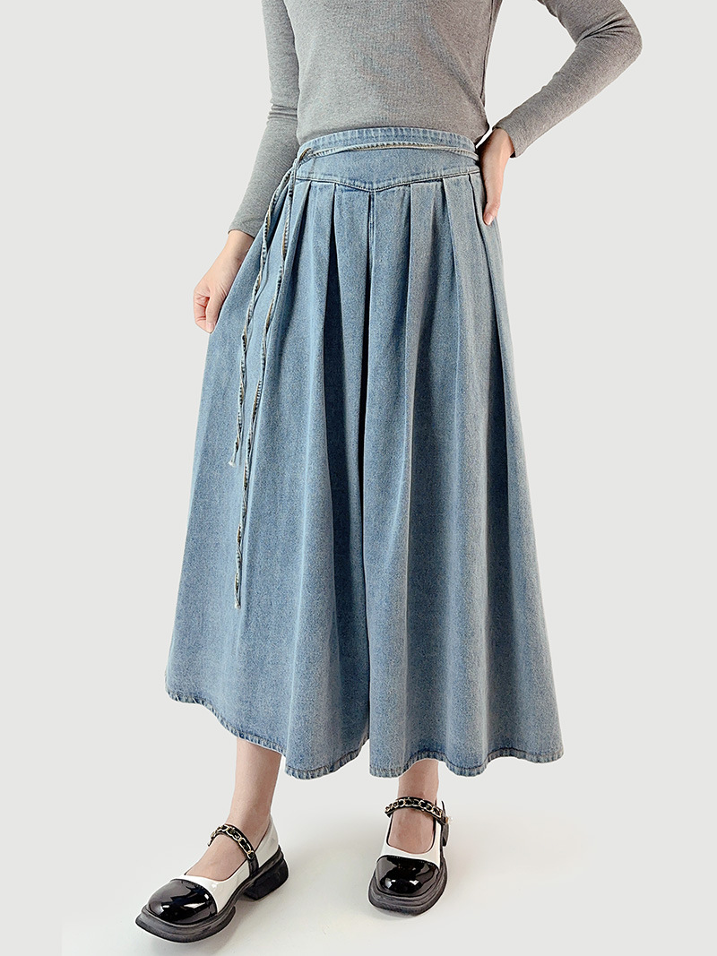 デニムスカート　ロングスカート　リボン付き　デザイン　着痩せ　韓国ファッション　2colors　