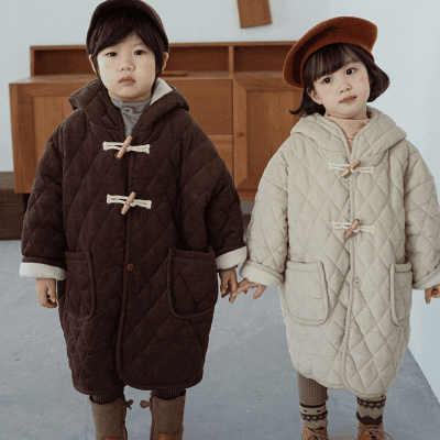 秋冬 ナチュラル系 韓国風子供服 フード付 ダッフルコート 厚手 コーデュロイ上着 裏ボア裏起毛 80-130