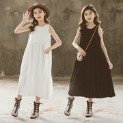 夏子供服、韓国ドレス、女の子ロングスカート、大きな裾、ノースリーブのケーキスカート