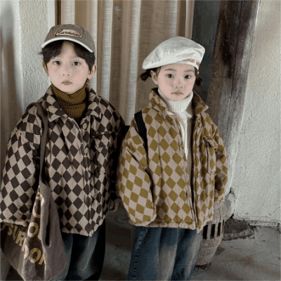秋冬 ユニセックス ナチュラル系 韓国風子供服 チェック柄 ジャケット 綿入れ キルティング 80-140