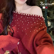 パールニットセーター　ニットトップス　デザイン　レディース　韓国ファッション　秋冬　3colors