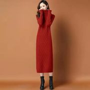 韓国ファッションオシャレ　ハイネック厚手ニットワンピース　冬新作