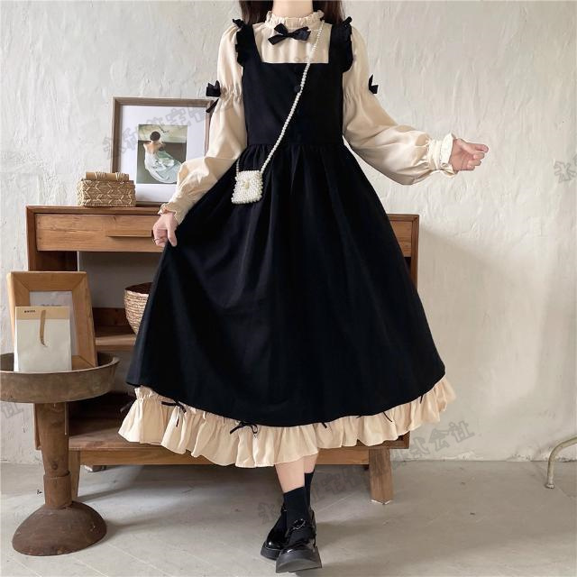 Lolita系】２点セット ワンピース 長袖 フランス風 レトロ サロペット