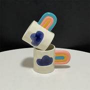 選べる2色 牛乳カップ プレゼント 朝食カップ 釉薬彩 手描き 雲 虹柄 陶磁器カップ マグカップ 個性