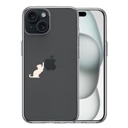 iPhone 15 Plus 側面ソフト 背面ハード ハイブリッド クリア ケース 猫 リンゴ キャッチ ホワイト